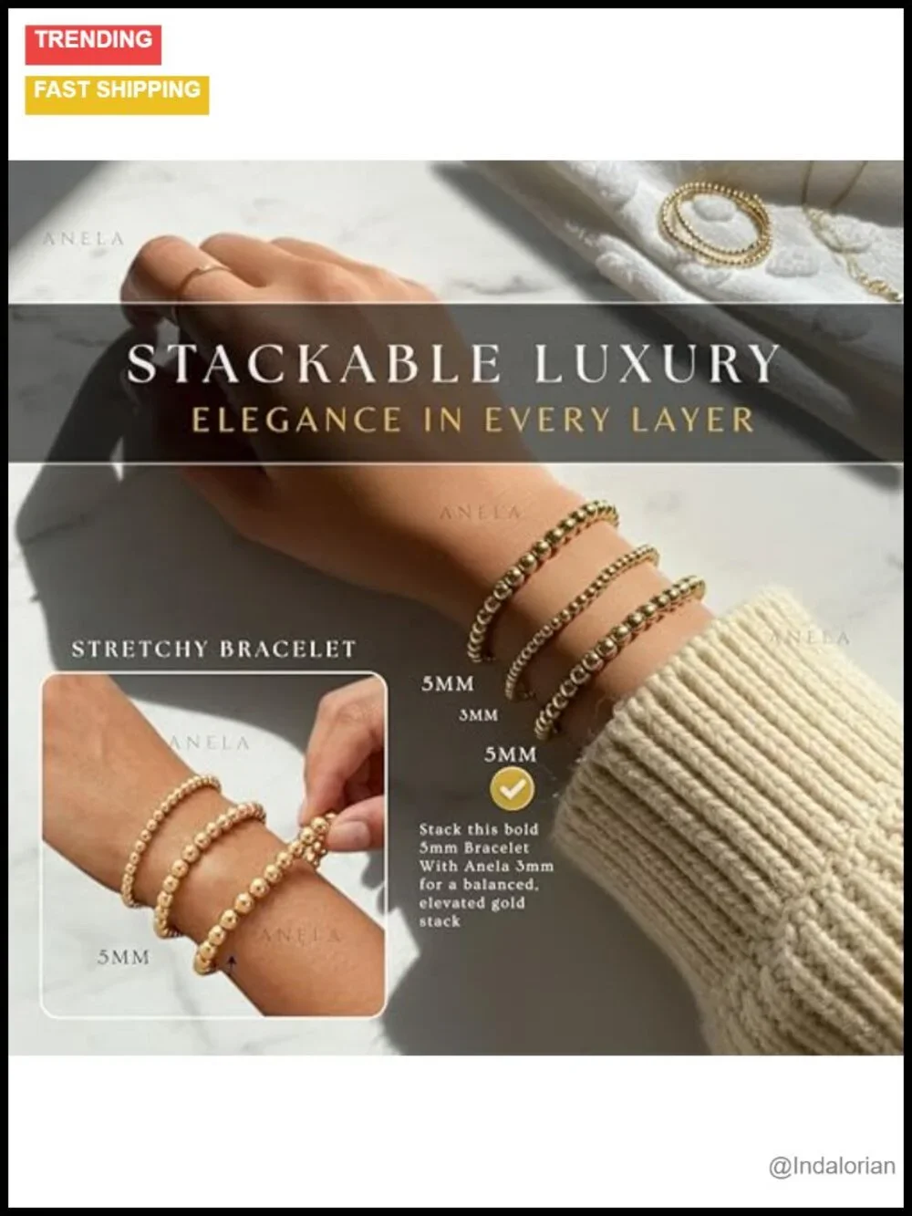 14k Gold Filled 5mm Beaded Stretch Bracelet for Women Stackable Handmade